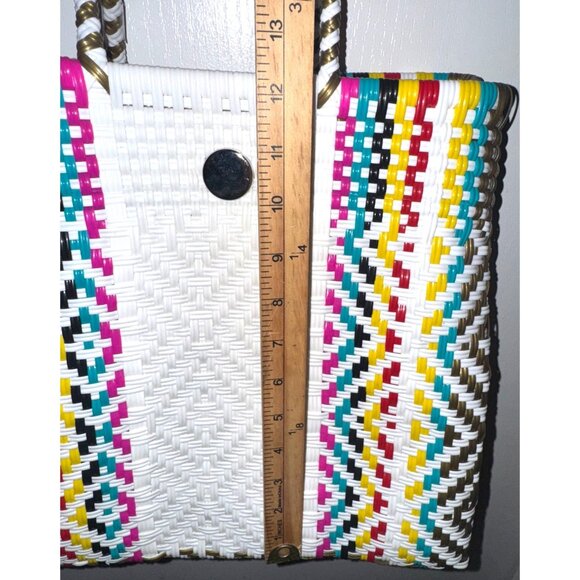Handwoven Tote Bag With Multicolor Stripes & Button Closure - Picture 5 of 7